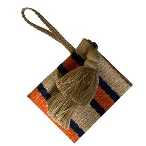 J.Jill Woven Jute Tassel Wristlet Clutch Striped Tan Navy Orange Boho Bag